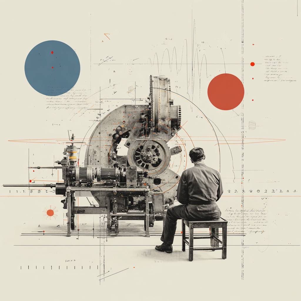 Collage — figure at machinery with red and blue geometric accents