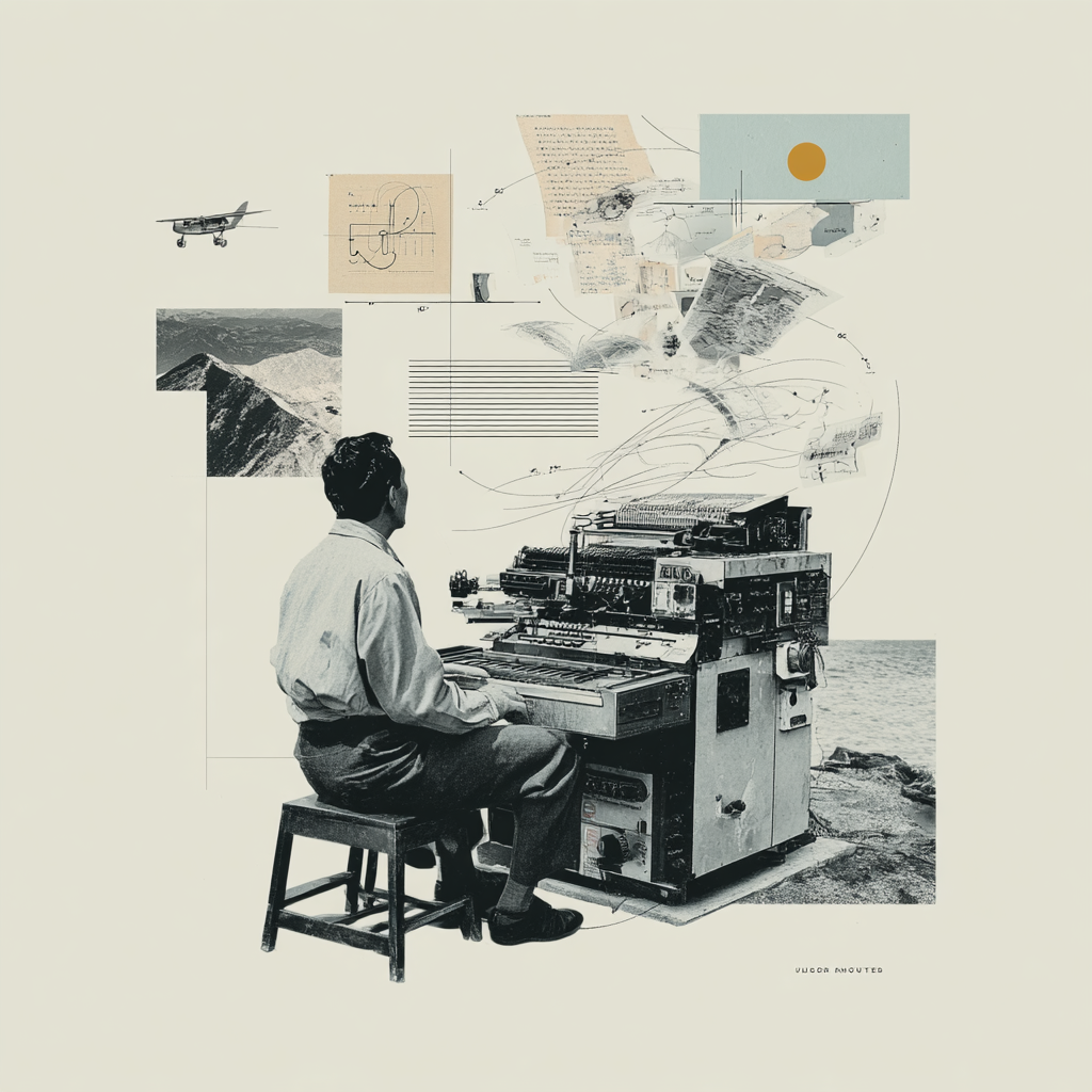 Collage — figure examining machinery with technical overlays