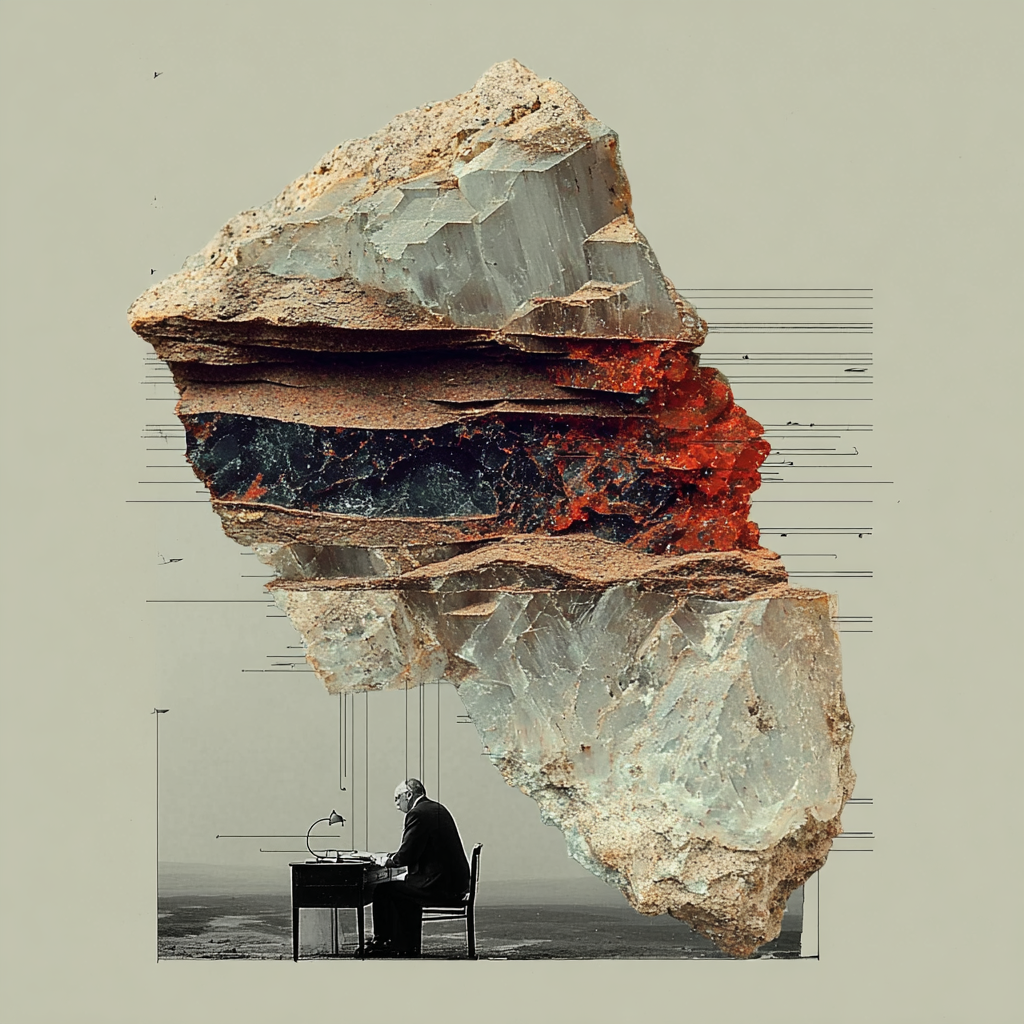 Collage — figure at desk beneath geological formation